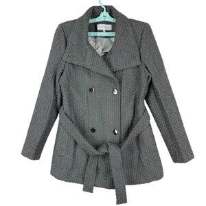 Calvin Klein Women's Linen Blend Dark Grey Textured Belted Pea Coat Size Small